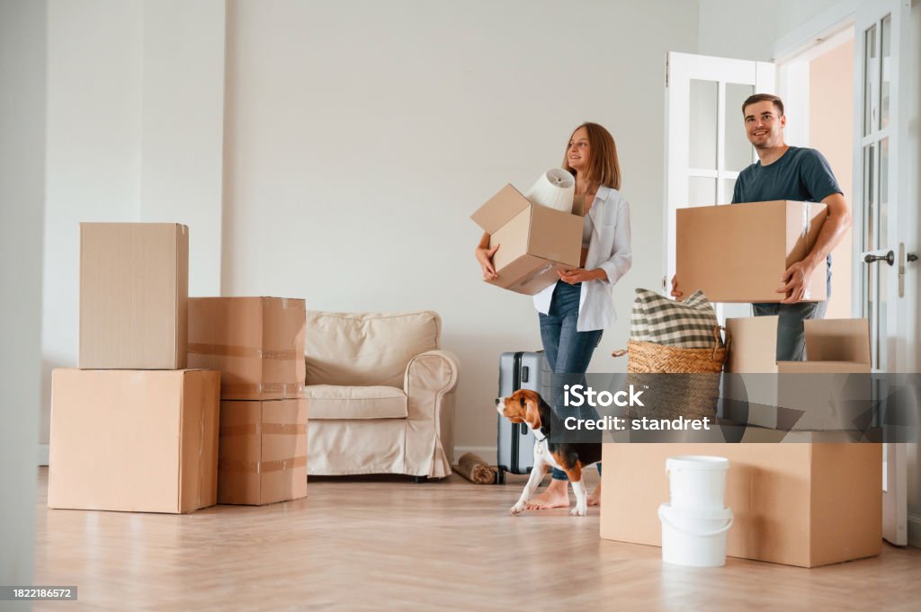 Walking forward with boxes. Young couple with dog are moving to new home.